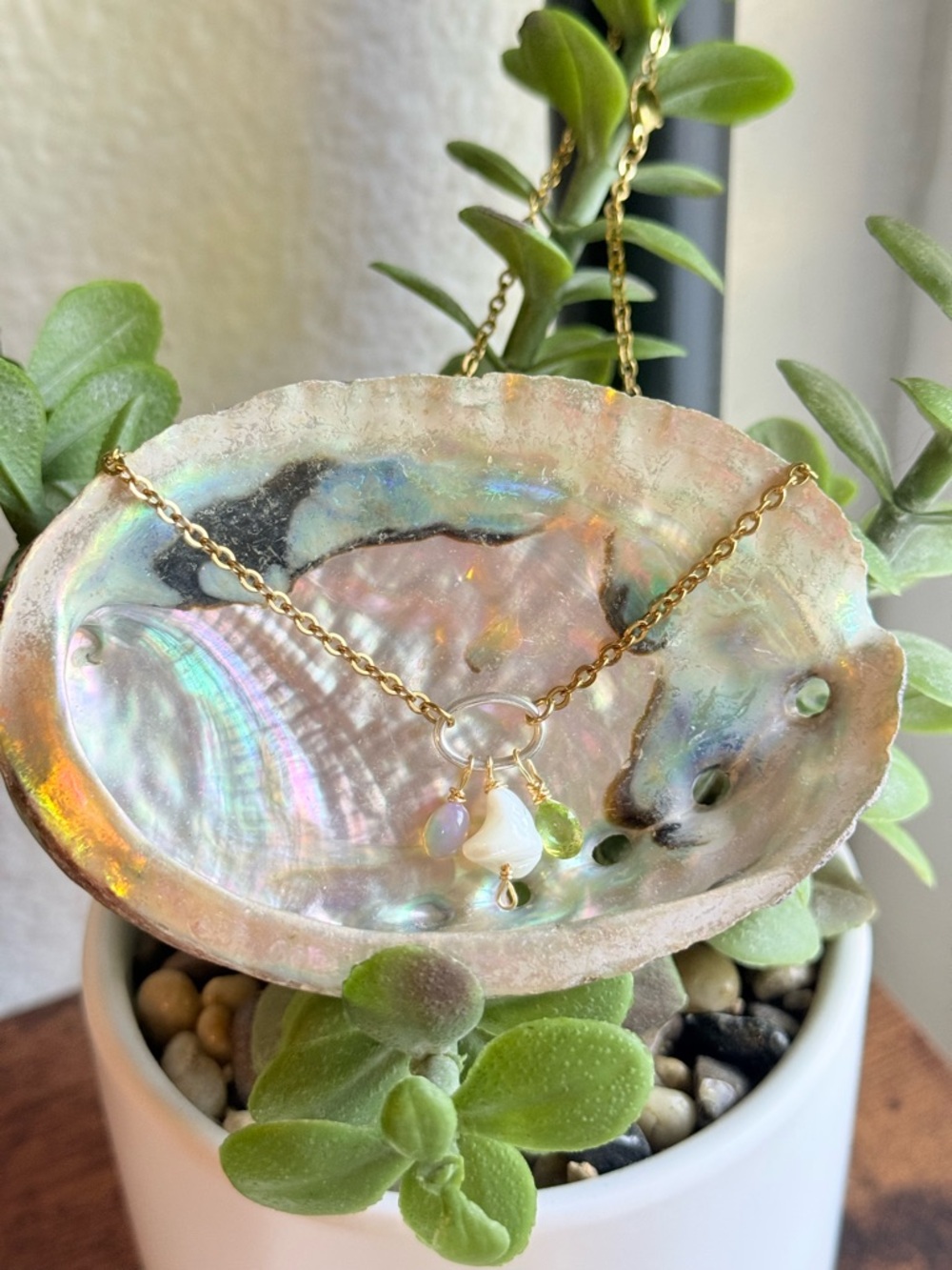 MODEL Stunning on of a kind Peridot, opal & pearl crystal necklace